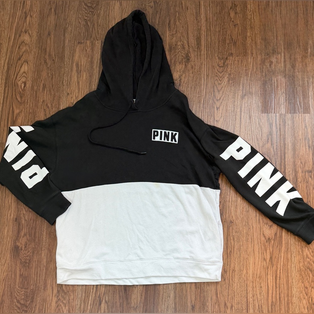 Victoria’s Secret Pink Black and White Hoodie Pink Logo with Pockets